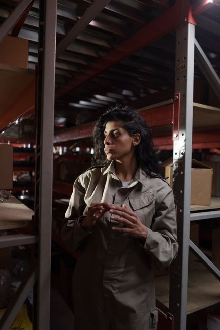A woman in uniform inspects storage racks in a dimly lit warehouse.