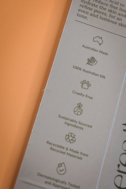 Close-up of an eco-friendly label highlighting features like cruelty-free and sustainable sourcing.